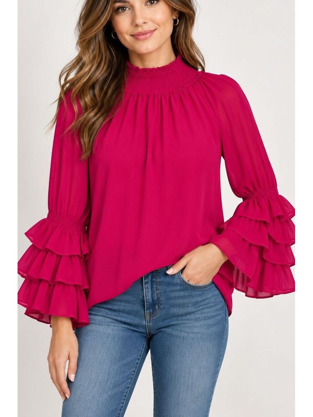 CeCe Magenta Fuchsia Dramatic Ruffle Sleeve Blouse XS Romantic Statement Top